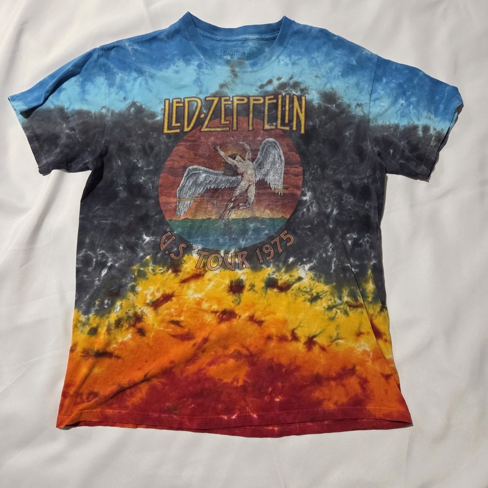 Led Zeppelin US Tour 1975 Tie Dye Graphic T-Shirt Large Blue Orange Black Swan